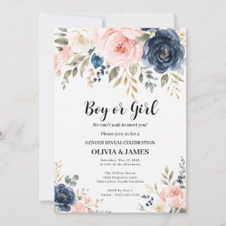 Boy or Girl Blush Pink Navy Floral Gender Reveal Invitation