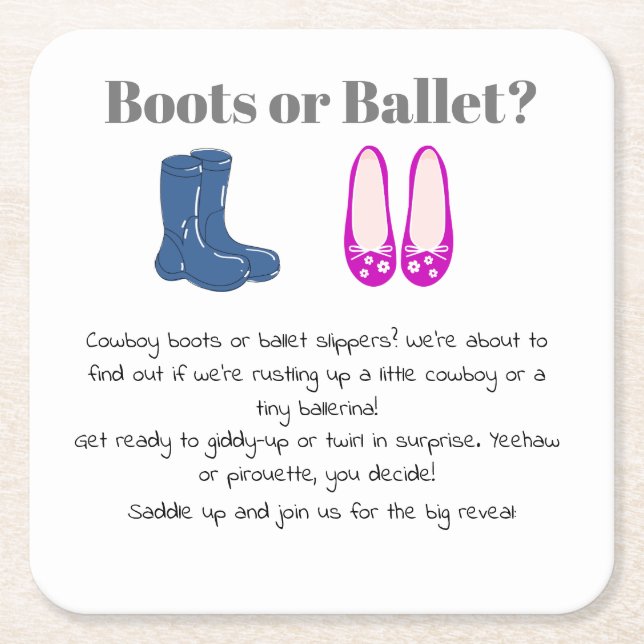 Boy or Girl Cowboy Boots Balet Gender Reveal Square Paper Coaster (Front)