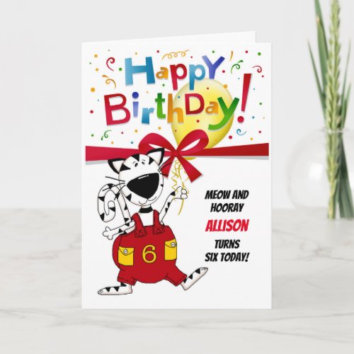 Boy or Girl Cute Cartoon Cat 6th Birthday Card