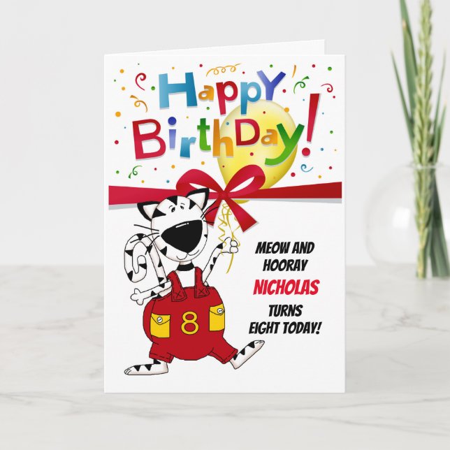 Boy or Girl Cute Cartoon Cat 8th Birthday Card (Front)