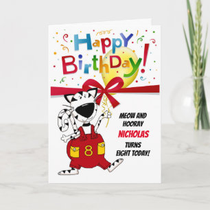 Boy or Girl Cute Cartoon Cat 8th Birthday Card