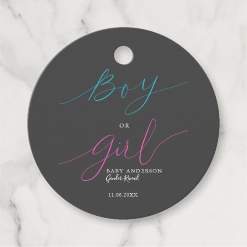 Boy or Girl Elegant Pink Blue Script Gender Reveal Favor Tags