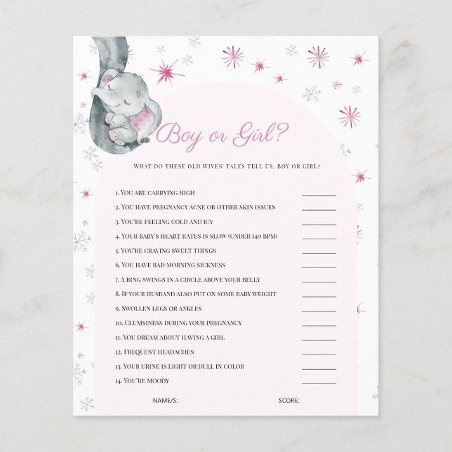 Boy Or Girl Elephant Pink Winter Baby Shower Game (Front)