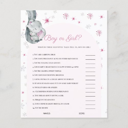 Boy Or Girl Elephant Pink Winter Baby Shower Game - Boy Or Girl Elephant Pink Winter Baby Shower Game
lephant Girl Pink Winter Baby Shower Game
Baby It's Cold Outside Themed Baby Shower. 
Pink Snowflake Elephant Winter Girl Baby Shower Game Card.
This watercolor baby shower game card features snowflakes with pink baby elephant and snowflakes. It is perfect for winter, rustic, holiday pink girl baby shower.
You can edit/personalize whole Template.
If you need any help or matching products, please contact me. I am happy to create the most beautiful personalized products for you!