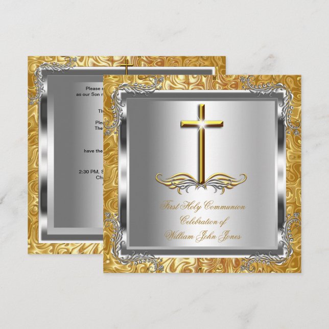 Boy or Girl First 1st Holy Communion Gold Silver 2 Invitation (Front/Back)