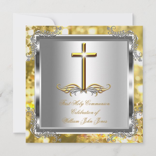 Boy or Girl First 1st Holy Communion Gold Silver 3 Invitation (Front)