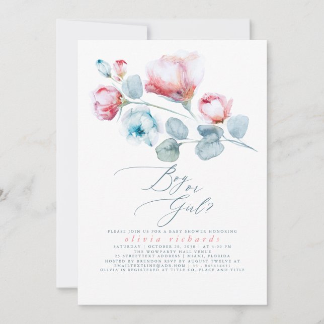 Boy or Girl Floral Gender Reveal Baby Shower Invitation (Front)