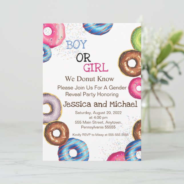 Boy or Girl Gender Reveal Party invite, donuts Invitation (Standing Front)