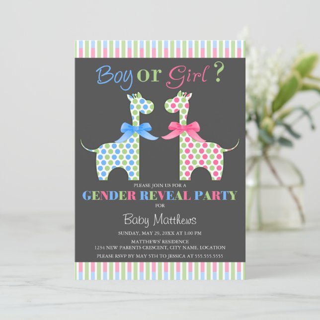 Boy or Girl Giraffe Gender Reveal Party Invitation (Standing Front)