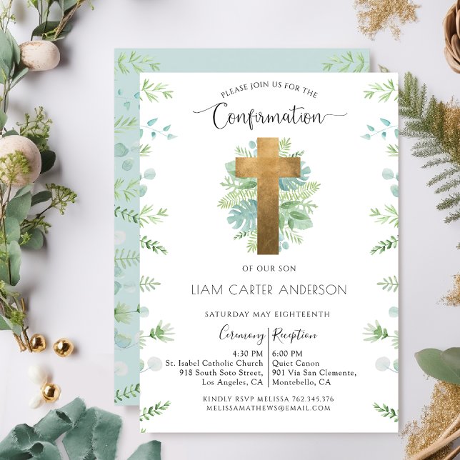 Boy or Girl, Greenery Blue Confirmation Invitation (Creator Uploaded)