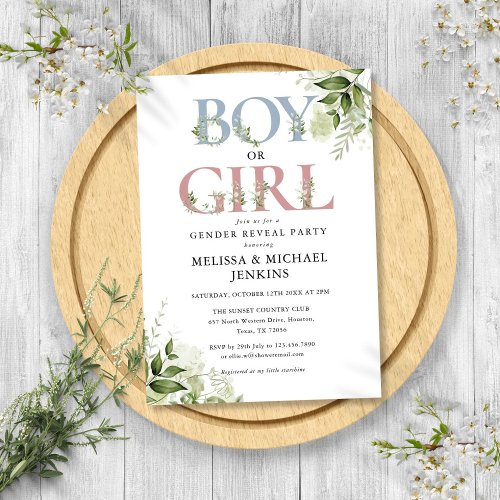 Boy Or Girl Greenery Letter Gender Reveal Party Invitation