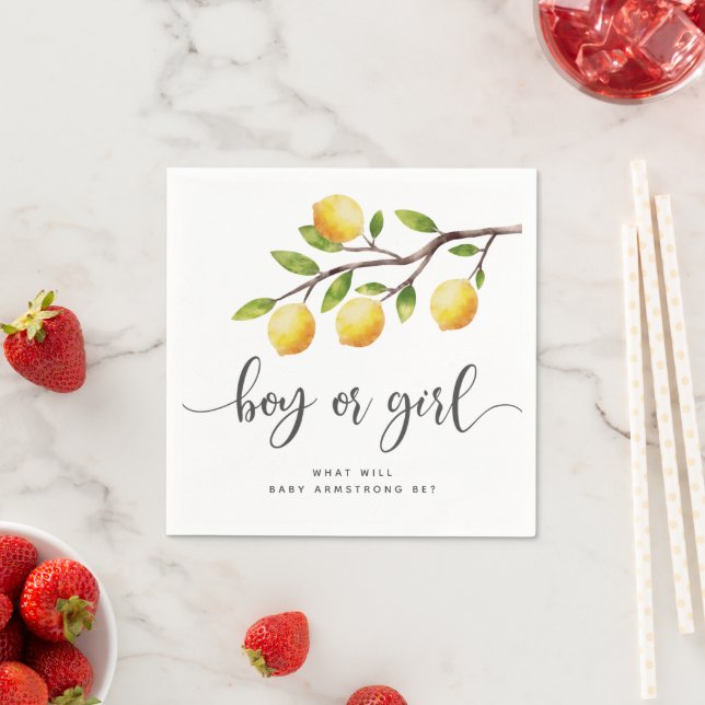 Boy or Girl Lemon Citrus Gender Reveal Party Napkins (Insitu)