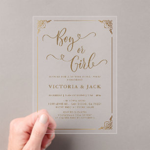 Boy or Girl Luxury Gold Ornate Baby Gender Reveal Acrylic Invitations