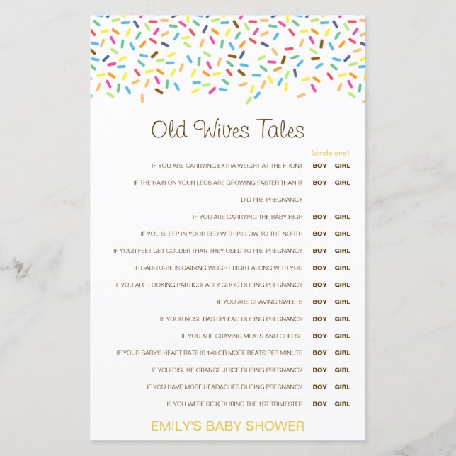 Boy or Girl Old Wives Tale Baby Shower with Answer (Front)