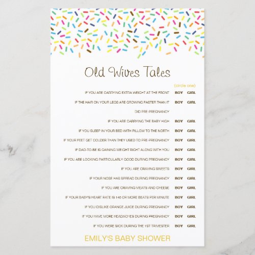 Boy or Girl Old Wives Tale Baby Shower with Answer