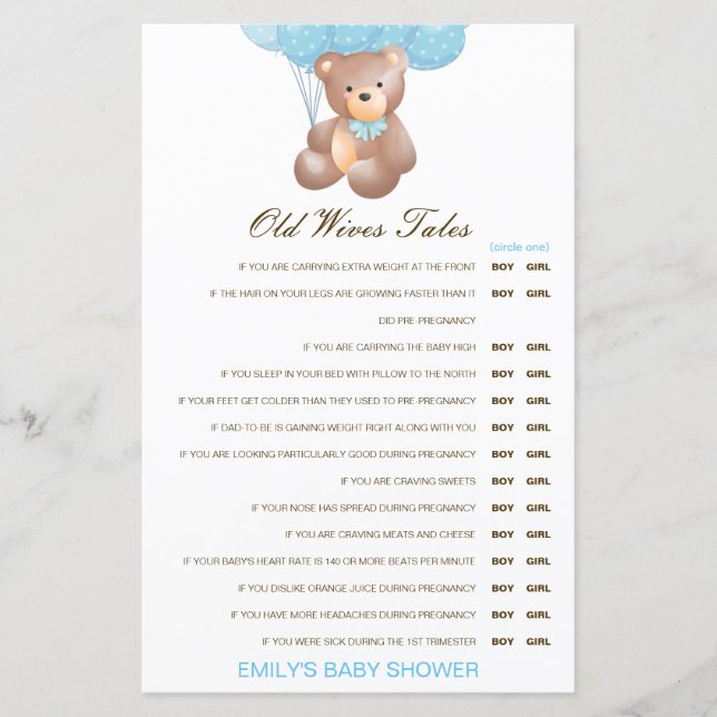 Boy or Girl Old Wives Tale Baby Shower with Answer (Front)