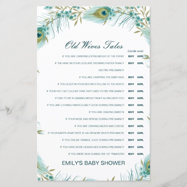 Boy or Girl Old Wives Tale Baby Shower with Answer (Front)