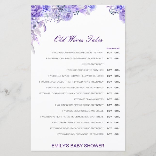Boy or Girl Old Wives Tale Baby Shower with Answer (Front)
