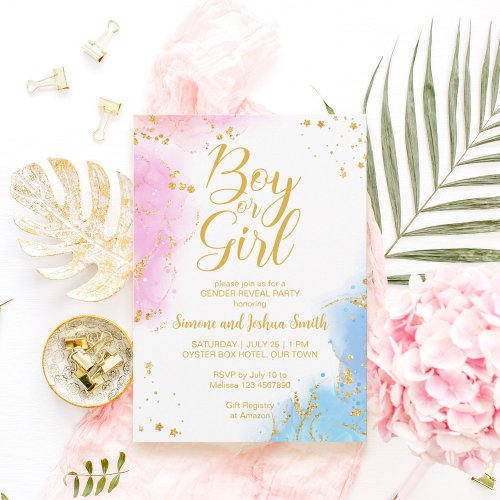 Boy or girl pink and blue gold gender reveal  invitation