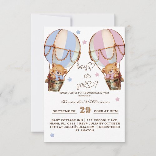 Boy or girl pink blue bear gender reveal invitation