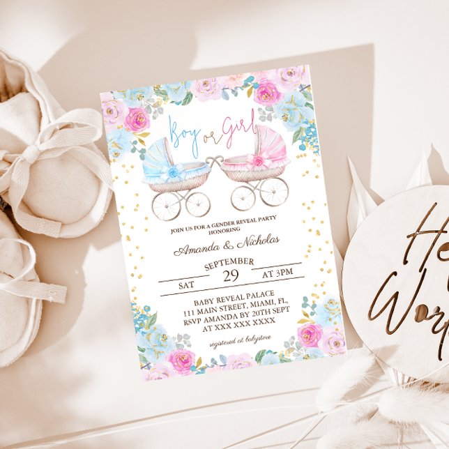Boy or Girl Pink Blue Floral Gender Reveal  Invitation (Creator Uploaded)