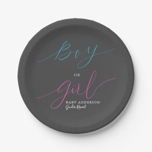 Boy Or Girl Pink Blue Script Gender Reveal Party Paper Plates