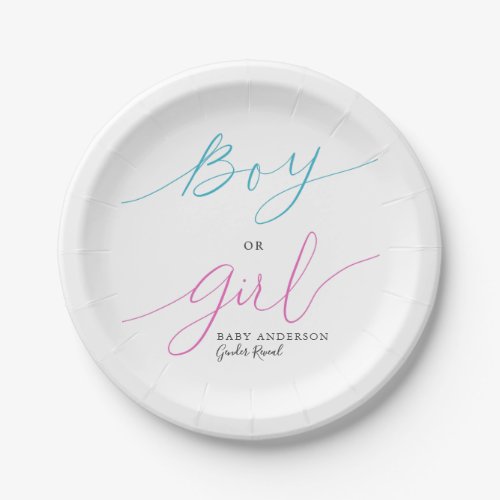 Boy or Girl Pink Blue Script Gender Reveal Party Paper Plates