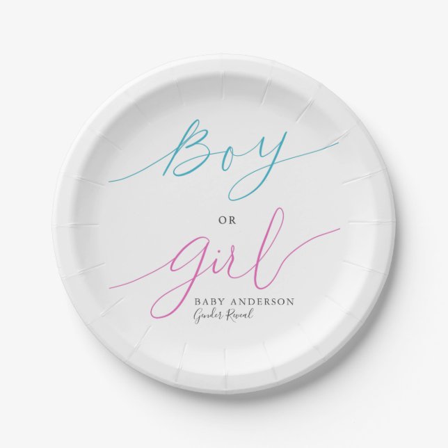 Boy or Girl Pink Blue Script Gender Reveal Party Paper Plates (Front)