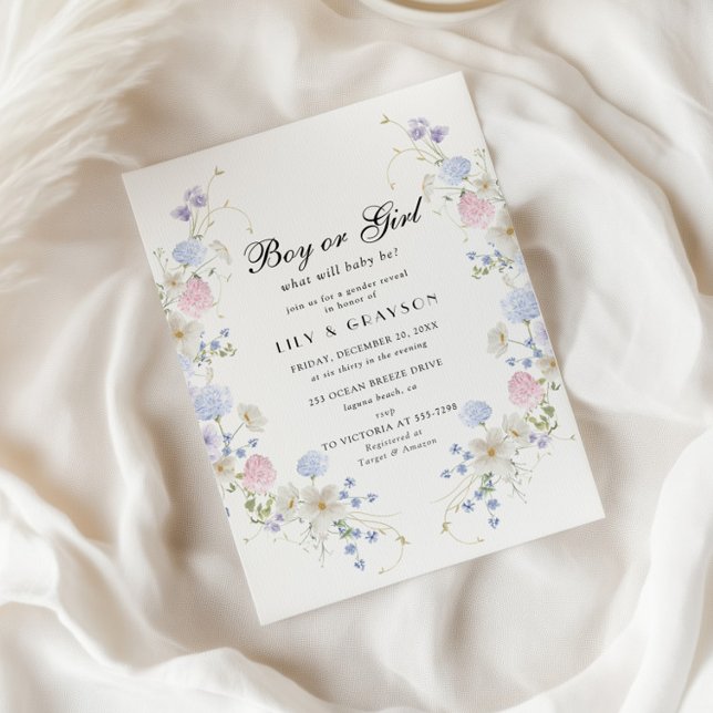 Boy or Girl Pink & Blue Wildflower Gender Reveal Invitation (Creator Uploaded)