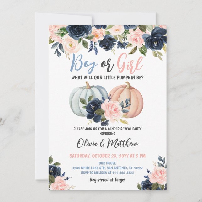 Boy or Girl Pumpkin Gender Reveal Party Invitation (Front)