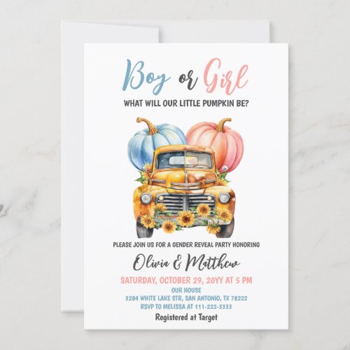 Boy or Girl Pumpkin Truck Gender Reveal Party Invitation