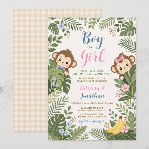 Boy or Girl Safari Cute Monkey Gender Reveal Invitation
