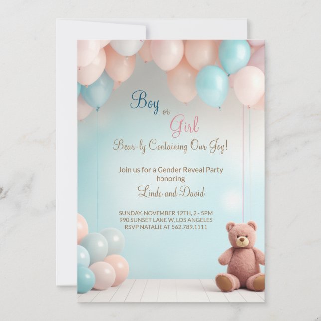 Boy or Girl Teddy Bear Gender Reveal Invitation (Front)