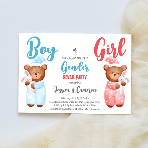 Boy or girl teddy bear gender reveal invite