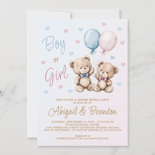 Boy or Girl Teddy Bear Gender Reveal Pink Blue Invitation