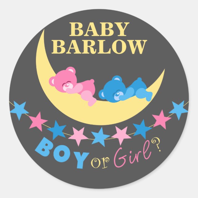 Boy Or Girl Teddy Bears On Moon Gender Reveal Classic Round Sticker (Front)