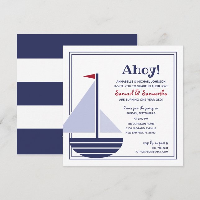 boy or girl twin ANY AGE sailboat BIRTHDAY PARTY Invitation (Front/Back)