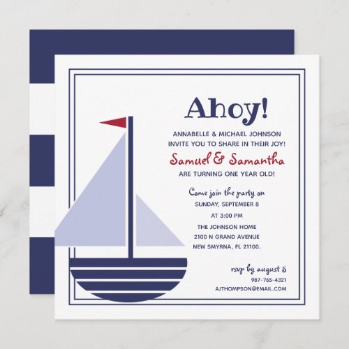 boy or girl twin ANY AGE sailboat BIRTHDAY PARTY Invitation