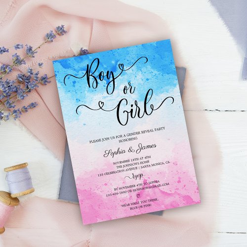 Boy Or Girl Watercolor Blue And Pink Gender Reveal Invitation