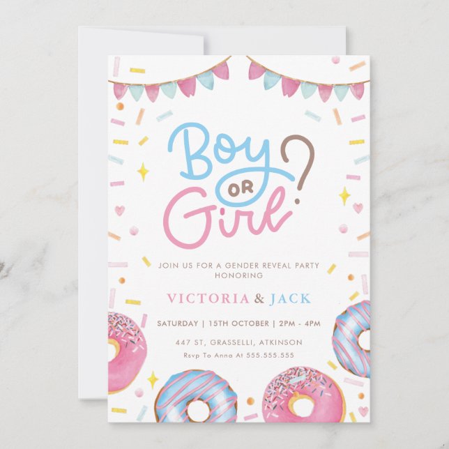 Boy or Girl Watercolor Donut gender reveal Invitation (Front)