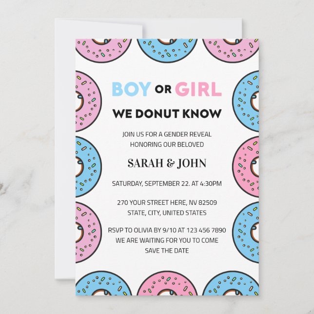 Boy or Girl We Donut Know Gender Reveal Invitation (Front)