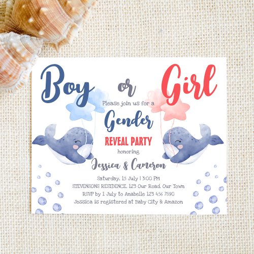 Boy or girl whale gender reveal budget invite