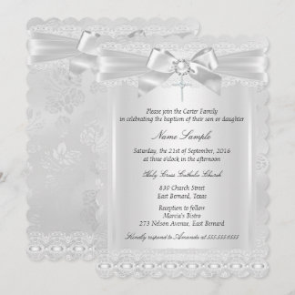 Boy or Girl White Lace Cross Baptism Christening Invitation