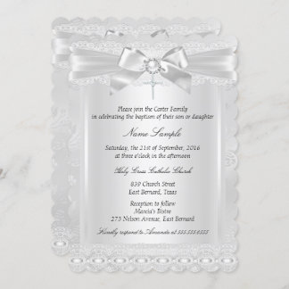 Boy or Girl White Lace Cross Baptism Christening Invitation