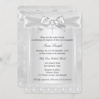 Boy or Girl White Lace Cross Baptism Christening Invitation