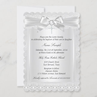 Boy or Girl White Lace Cross Baptism Photo Invitation