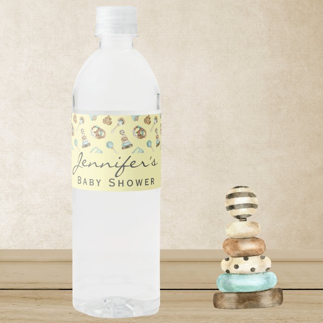 Boy or Girl Yellow Cute Baby Shower Water Bottle Label (Creator Uploaded)
