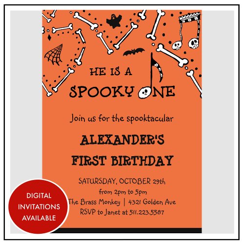 Boy Orange Skull Spooky one Halloween 1st birthday Invitation
