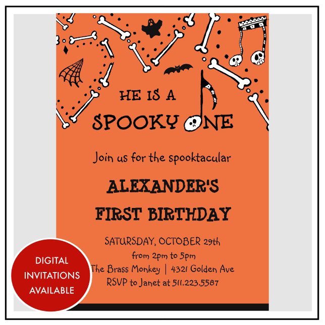 Boy Orange Skull Spooky one Halloween 1st birthday Invitation (Halloween-1st-birthday-Invitation-Boy-Orange-Skull-Spooky-one-1)
