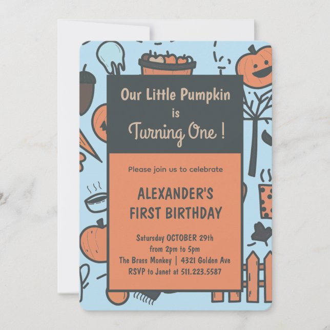 Boy Our Little Pumpkin is Turning One Invitations  (Front)